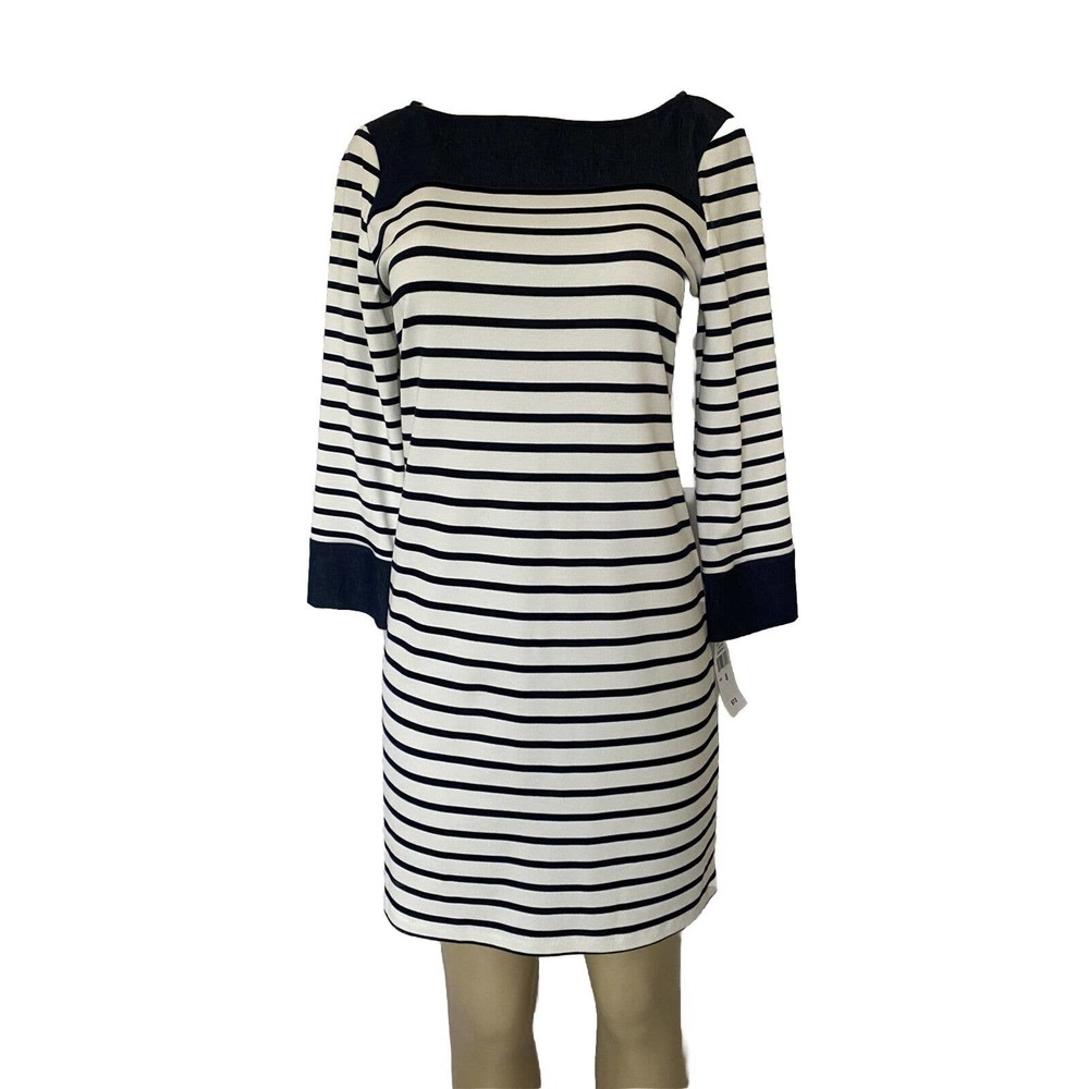 NWT Studio One Dress Striped nautical Navy White Sheath 3/4 Sleeve Back …